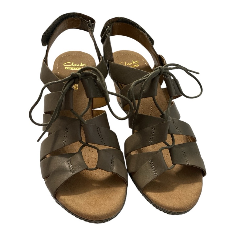 NEW Clarks Strappy Greige Leather Sandals Gladiator Cork Wedge Heels Women’s 9